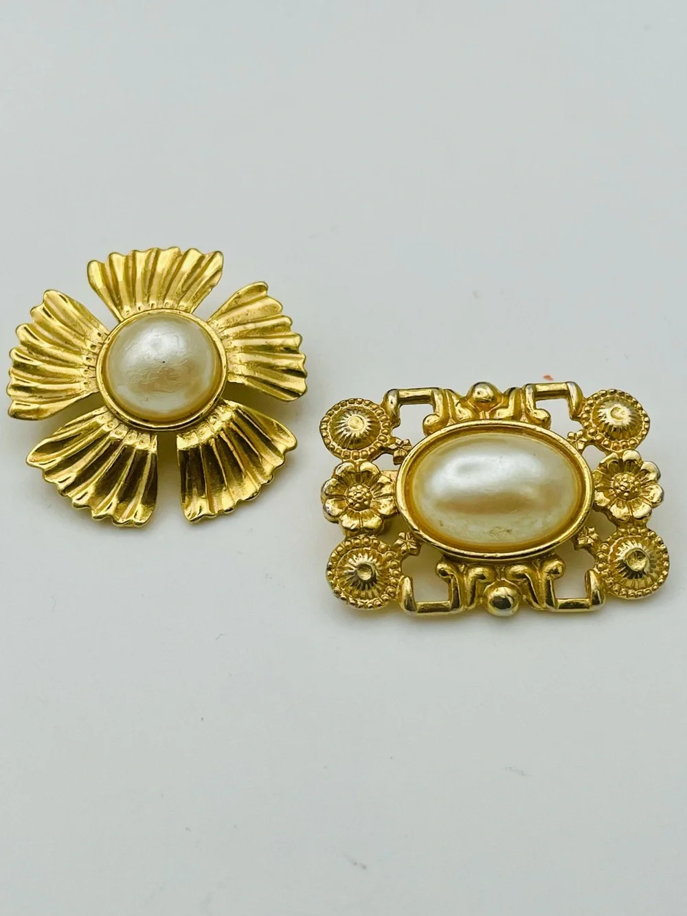 Gold-Tone Pearl Accent Floral Brooches - Set of 2. Scalloped Floral & Rectangle